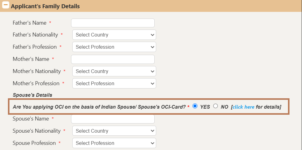 OCI application form - Spouse Details section with YES selected