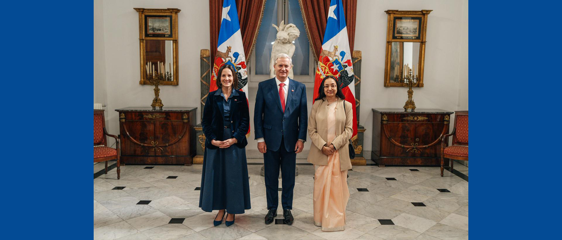 Ambassador Abhilasha Joshi greeting President José Antonio Kast at La Moneda Palace